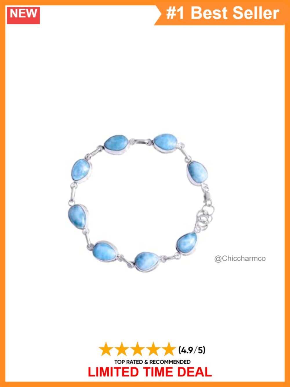 925 Silver Bangle Bracelet Natural Larimar Drops 8 Inch Handmade